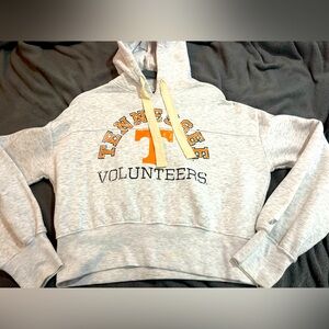 Russell Athletic Grey Cropped Hoodie with Orange and Black Lettering